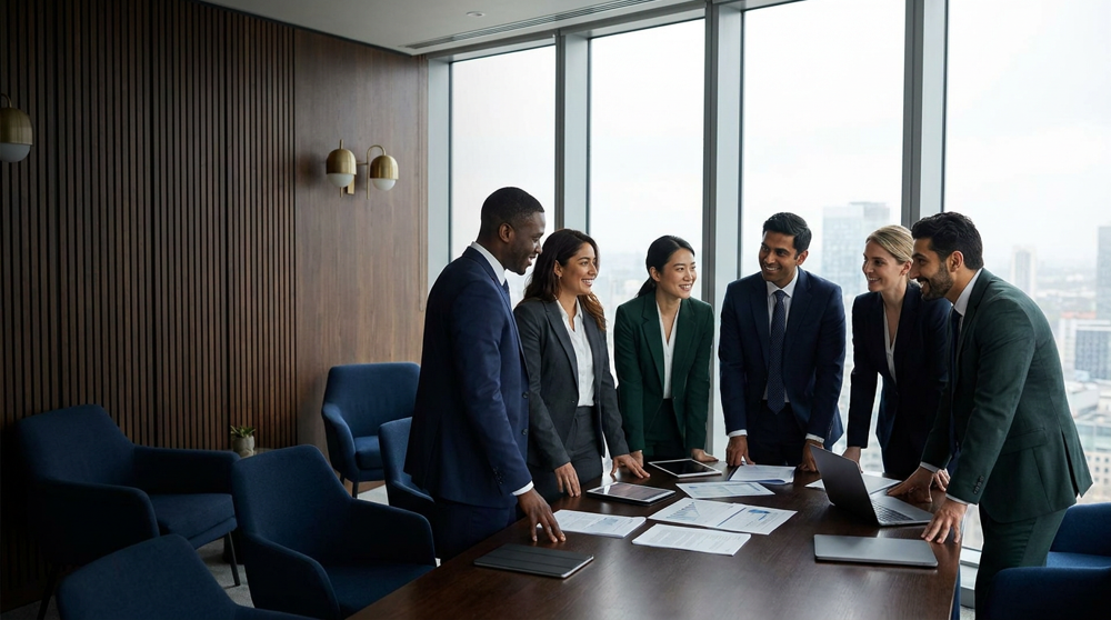 Diverse team of Umanzor Wealth advisors, men and women of different backgrounds, talking together around a conference table