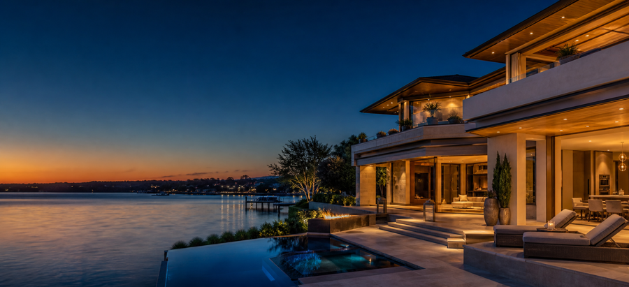 Luxury waterfront home at golden hour