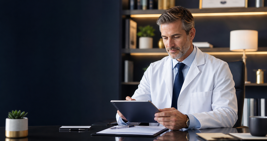 Physician reviewing financial planning documents in a modern office